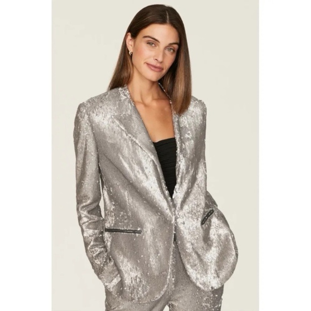 All Saints Leigh Metallic Silver Sequin Blazer Size 6/Small MSRP $498 - Picture 2 of 10